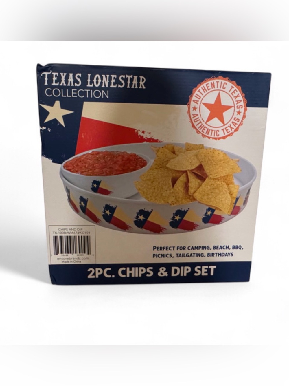 Texas LoneStar 2PC Chips & Dip Set - White with Texas Flag Accent NIB